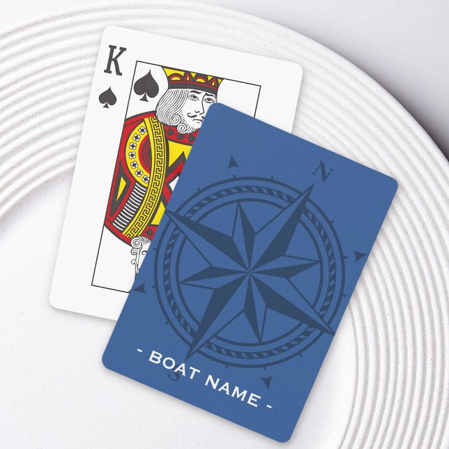 Baralho Rosa e nome de barco personalizado azul (Compass rose and custom boat name blue poker cards)