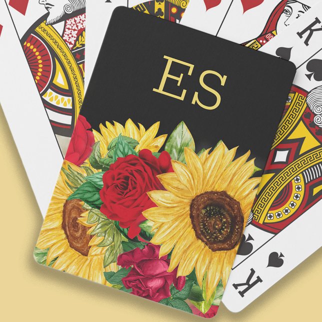 Baralho Rosas vermelhas Elegantes Girassóis Amarelos Monog (Monogrammed playing cards with sunflowers and red roses on black)