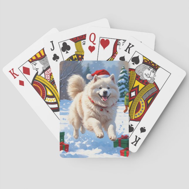 Baralho Samoyed Correndo na Neve com Chapéu de Natal (Verso)