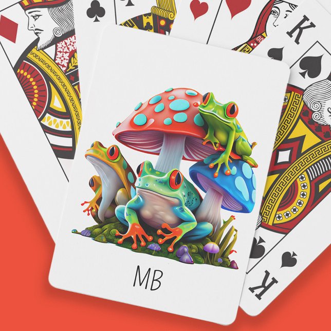 Baralho Sapos Fofos Cogumelos Vermelhos e Azuis Monograma  (Cute frogs and colorful mushrooms/toadstools playing cards customized with your monogram/initials)
