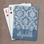 Baralho Sapphire Blue Vintage Cor damasco e nome<br><div class="desc">Um padrão de vintage com um design de chalkboard e rendas. Olhem com atenção para as flores e folhas. Um design de moda com cores de tom de joia e elegância. Os itens são mais fáceis de personalizar quando você substitui todos os textos e fotos primeiro. Se a sua arte...</div>