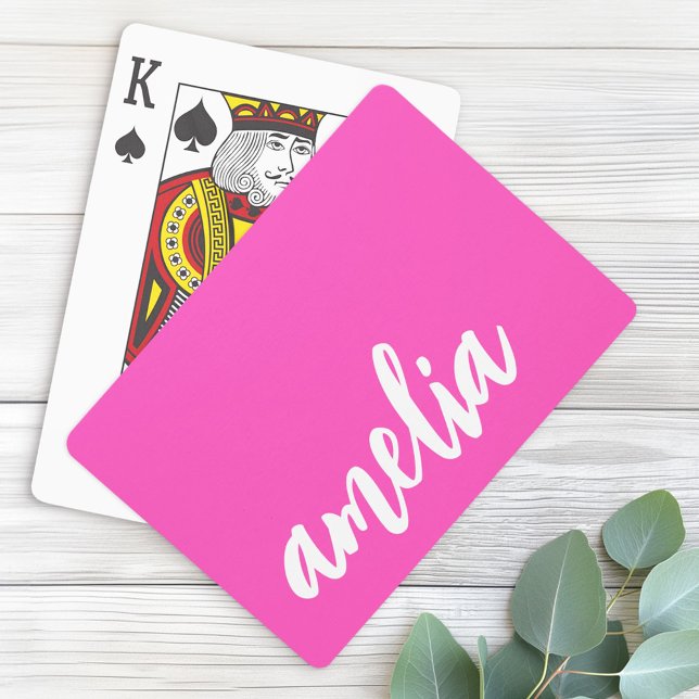 Baralho Script de nome personalizado, negrito, rosa e bran (Custom name script bold hot pink and white poker cards)