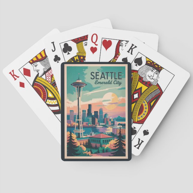 Baralho Seattle Washington Skyline Viagem Art Vintage (Verso)