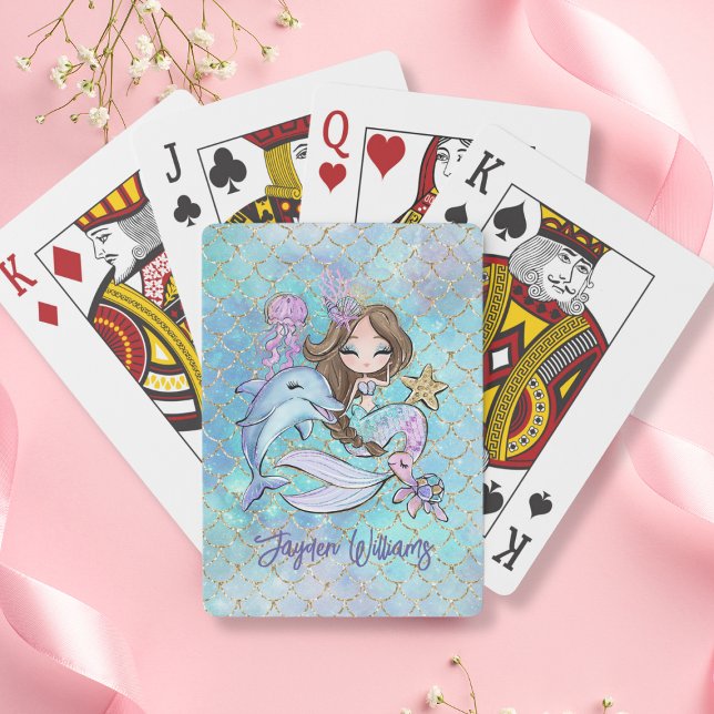 Baralho Sereia Caçada Cabelo Marrom Nome Personalizado Rap (Cute Mermaid Brown Hair Custom Name Girl Birthday Poker Cards
)