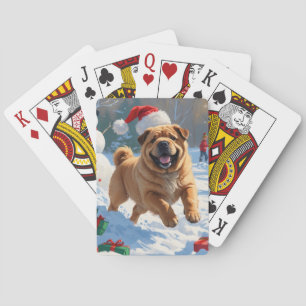 Baralho Shar Pei Correndo na Neve com Chapéu de Natal