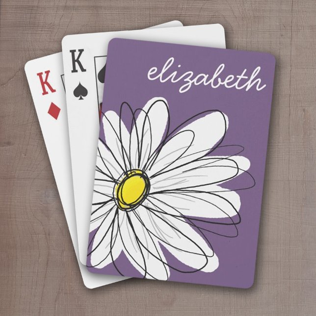 Baralho Texto Personalizado da Margarida Esbranquiçada e A (Personalized playing cards - purple whimsical daisy)
