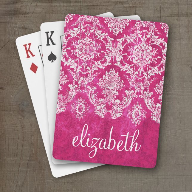 Baralho Texto Personalizado de Cor damasco Rosa Quente (Personalized Playing Cards)