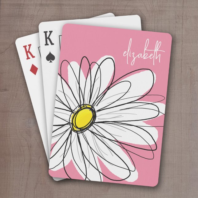 Baralho Texto Personalizado de Margarida Esbranquiçada e A (Whimsical Daisy Drawing with a place to add your name - personalized playing cards)