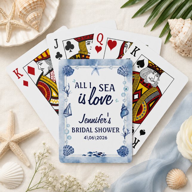 Baralho Tudo o que Eu Vejo É Amor Chá de Bebê Marítimo Aqu (all I Sea Is Love Bridal Shower Watercolor Seashe Poker Cards)