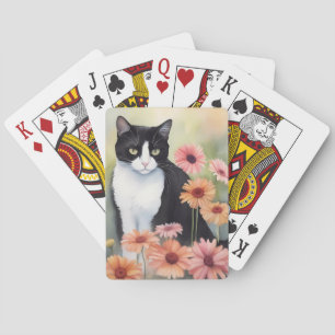 Baralho Tuxedo Gato De Aquarela Com Flores De Margarida De