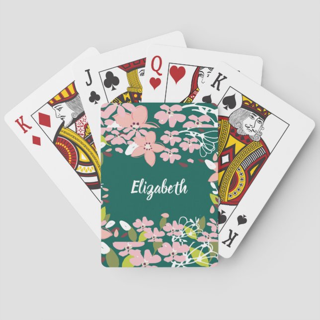 Baralho Verde com Flores Rosa Personalizadas (Verso)