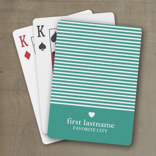 Baralho Verdes Modernas com Monograma do Coração em Escala (Personalized playing cards with a modern stripe pattern and a place for a name or monogram)