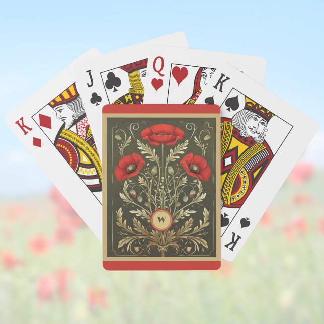 Baralho Vintage Poppies Gold Red Art Nouveau Monogram (Criador carregado)