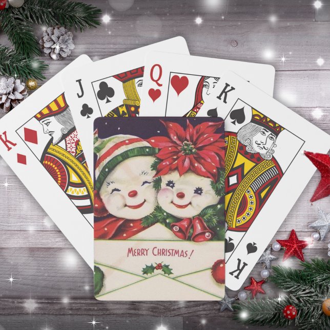 Baralho Vintage Retro Snowman Casal Natal (Vintage Retro Snowman Couple Christmas Poker Cards)