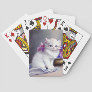 Baralho Vintage White Kitten com Flores Rosa e Púrpura