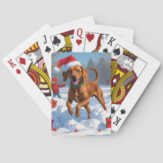 Baralho Vizsla Correndo na Neve com Chapéu de Natal