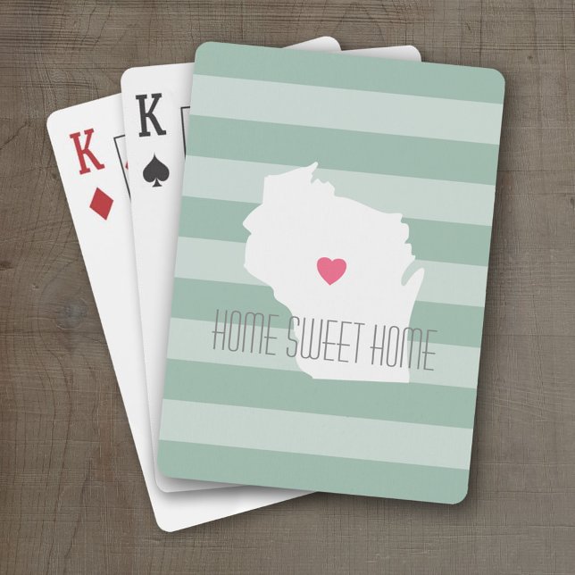 Baralho Wisconsin Map Home State Love with Custom Heart (Personalized Playing Cards with a State Map, Movable Heart and Name)