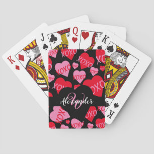 Baralho XOXO Pink Red Heart Pattern Monograma Azul