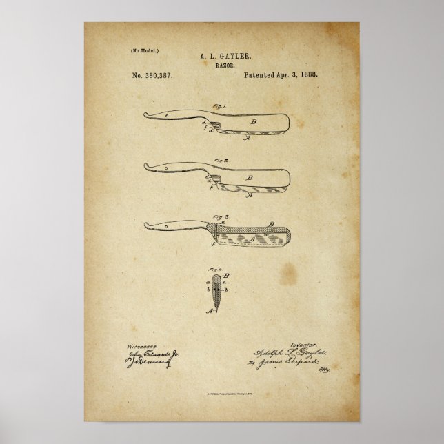 Barber Razor, Poster de Patente Antiquada, LooK An (Frente)