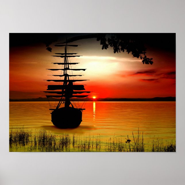 Barco com nascer do sol poster (Frente)