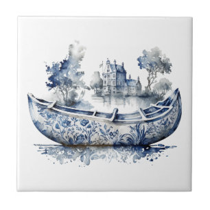 Barco estilo Delft azul e branco com cena de aldei