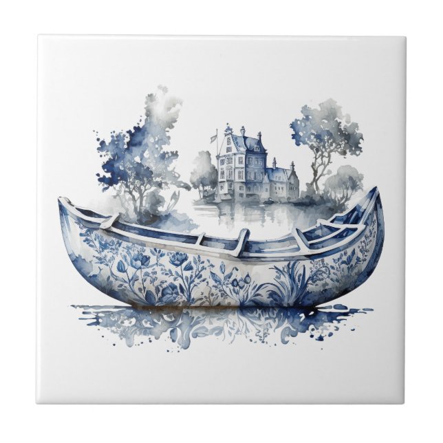 Barco estilo Delft azul e branco com cena de aldei (Frente)