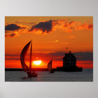 Barcos à vela na impressão do pôr do sol