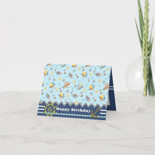 Barcos Diversão Azul. Cartão de Aniversário (Frente)