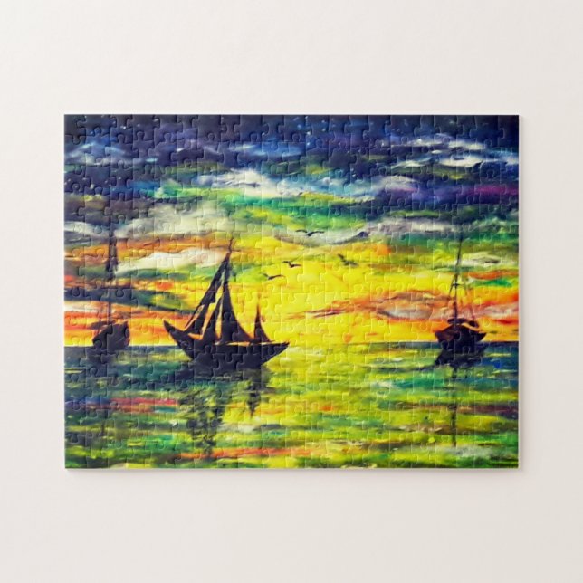 Barcos No Sunset Jigsera Quebra-cabeça - Pintura (Horizontal)