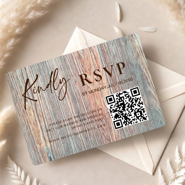 Barn Boho Rustic Wood Slice RSVP Card with QR Code (Criador carregado)