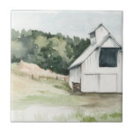 Barn Branco de Aquarela<br><div class="desc">Watercolor Barn III,  por Jennifer Paxton Parker. Possui um celeiro branco fora do lado em um campo com árvores.</div>