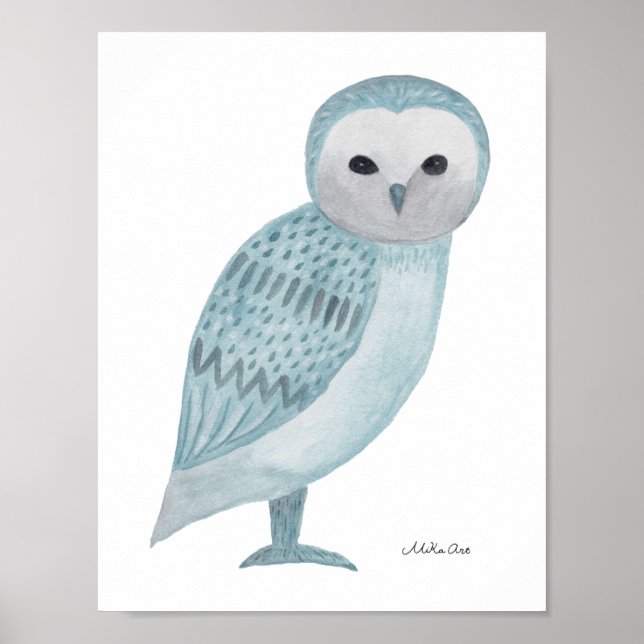 Barn Owl Poster Blue White Wall Art Impressão (Frente)