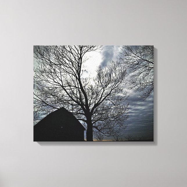 Barn w/Sky & Bare Trees Canvas Foto Preta e Branca (Frente)