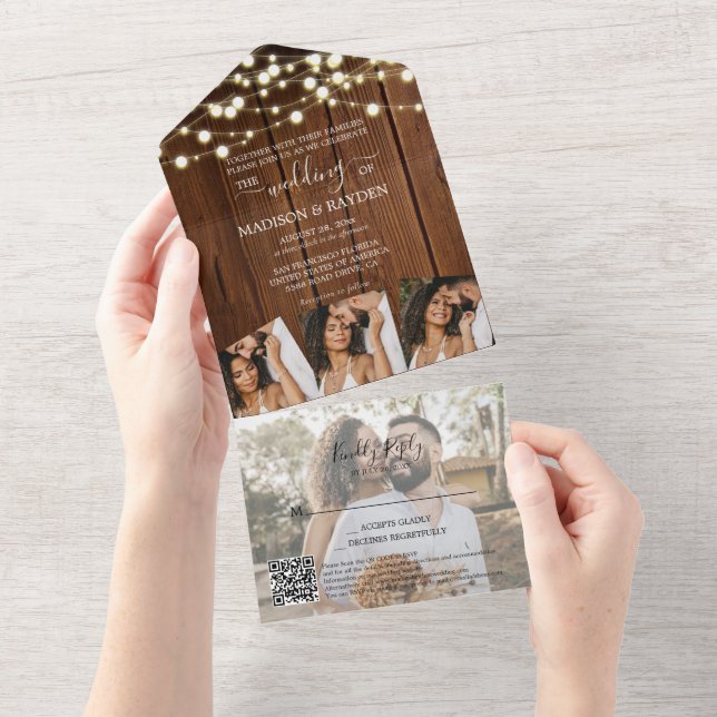 Barn Wood String Lights 4 Foto Código QR Casamento (Aba destacável)