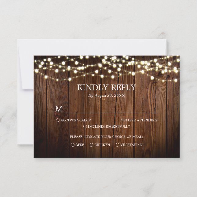 Barn Wood String Luz Rustic Weding RSVP Card (Frente)