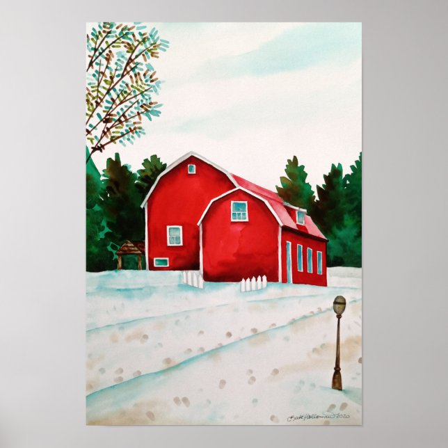 Barns Vermelhos na Neve - Impressão de Arte de Pai (Frente)