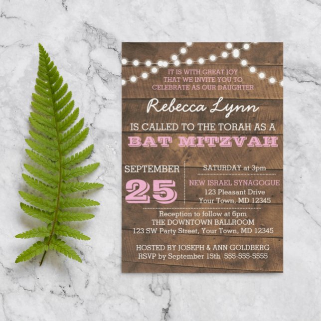 Barnwood Ilumina Rosa Bat Mitzvah Convite Personal (Criador carregado)