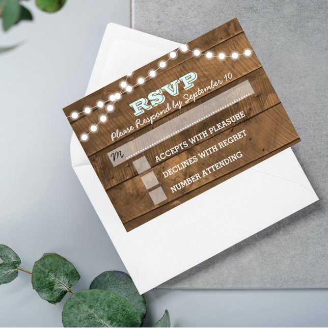 Barnwood Lights Aqua Weding RSVP Card (Criador carregado)