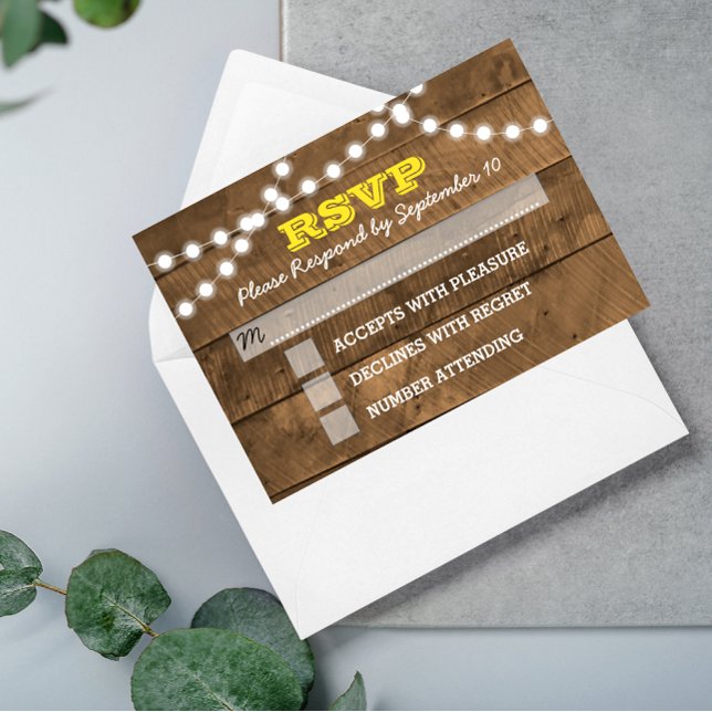 Barnwood Lights Dourado Cartão RSVP de Casamento (Criador carregado)