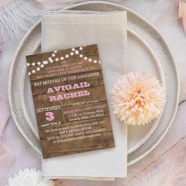 Barnwood Luz Rosa B"H Bat Mitzvah Convite (Criador carregado)