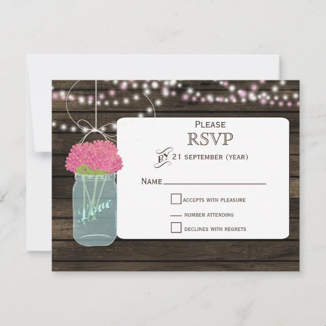 Barnwood rosa flores mason jars casamento RSVP (Frente)