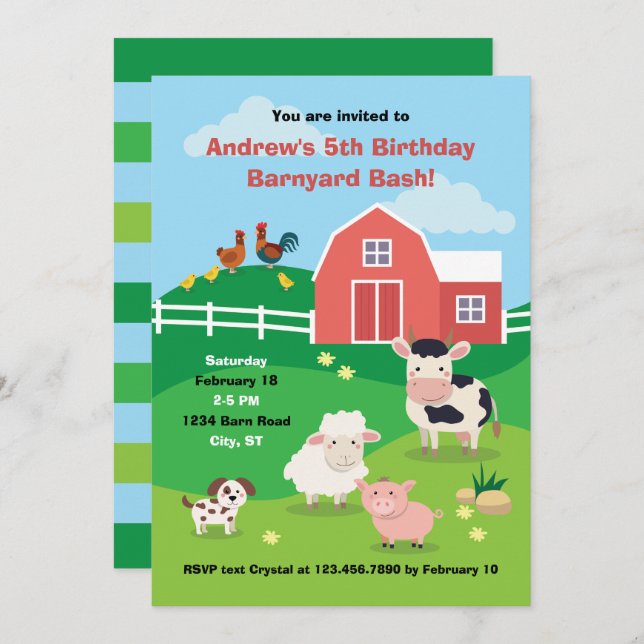 Barnyard com Convite de aniversário animal (Frente/Verso)