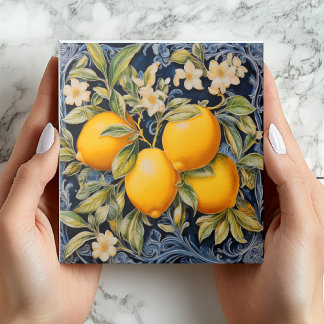 Baroque Lemon Botanical Ceramic Tile with Scrolls