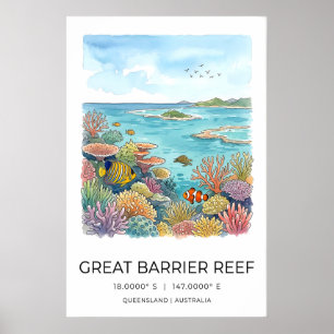 Barreira Recifes Arte de Impressão Aquarela Coral