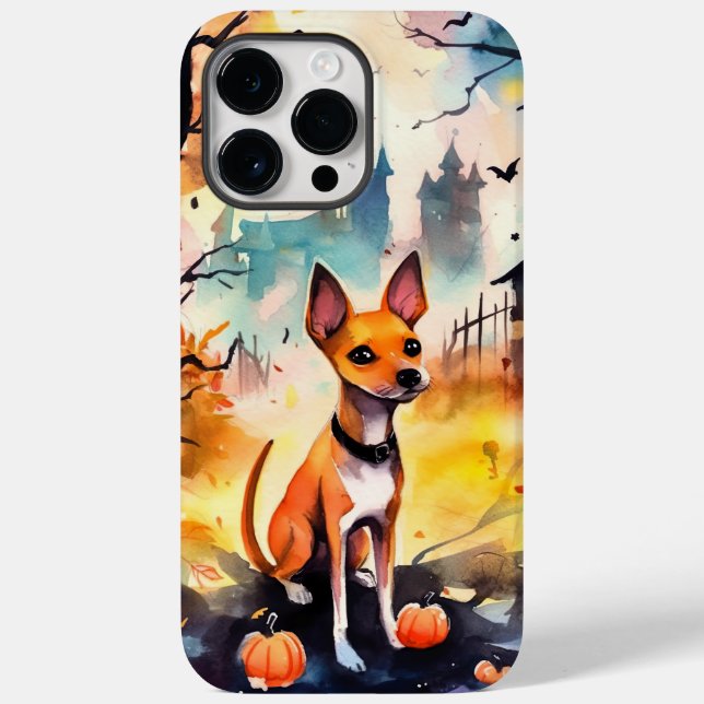 Basenji de Halloween com Abóboras Assustador  (Verso)
