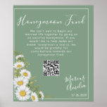 Basil Green & White Daisies Honeymoon Fund Poster<br><div class="desc">O sinal bonito de fundo da lua de mel apresenta cores brancas de água canto sobre fundo verde basilar com blocos de texto personalizáveis brancos em fontes modernas.</div>