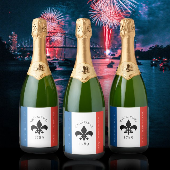 Bastilha Day Fleur-de-Lis Tricolore França Flag (Bastille Day July 14th 3 Sparkling Wine Labels Cover Photo)