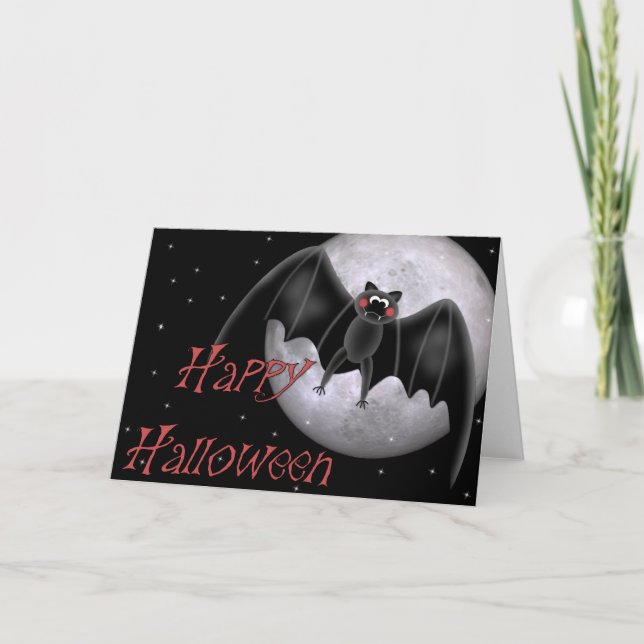 Bat Bonito e Lua Brilhante Feliz Cartão de Hallowe (Frente)