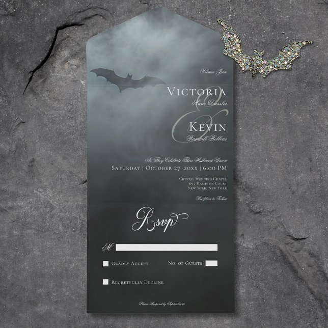 Bat da Meia-Noite Escuro sem Casamento Jante (Dark Moody Midnight Bat & Fog No Dinner Wedding All In One Invitation)