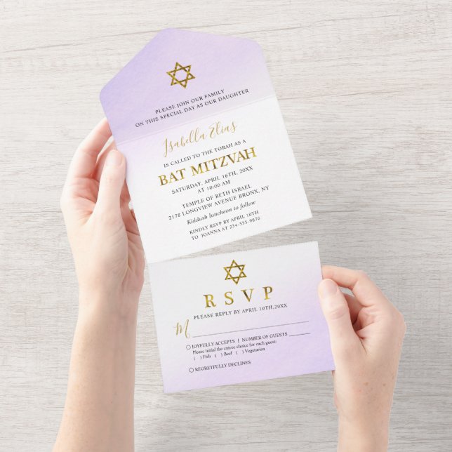Bat Mitzvah Aquarela Pastel Roxo Dourado (Aba destacável)